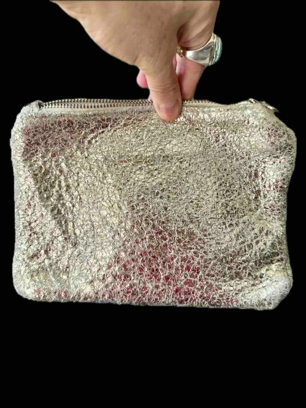 NWOT Kustom Klutch Silver Leather Clutch Pouch YKK Zip Bag